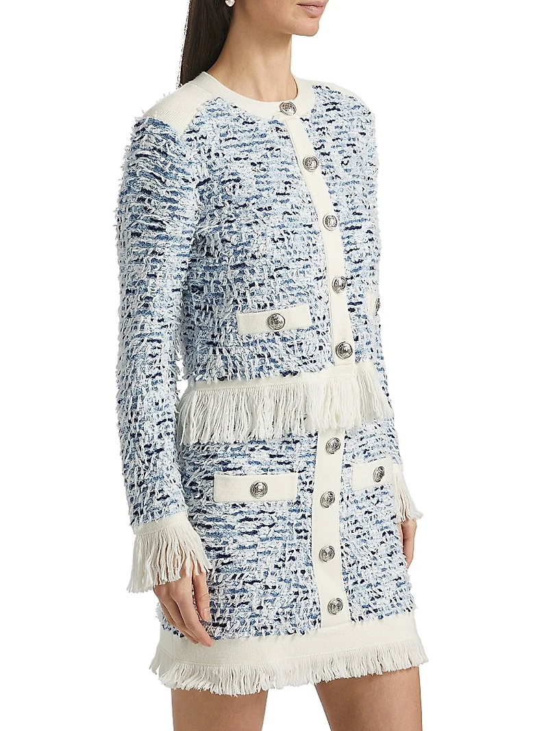 Fringe-Trimmed Tweed Cardigan Jacket