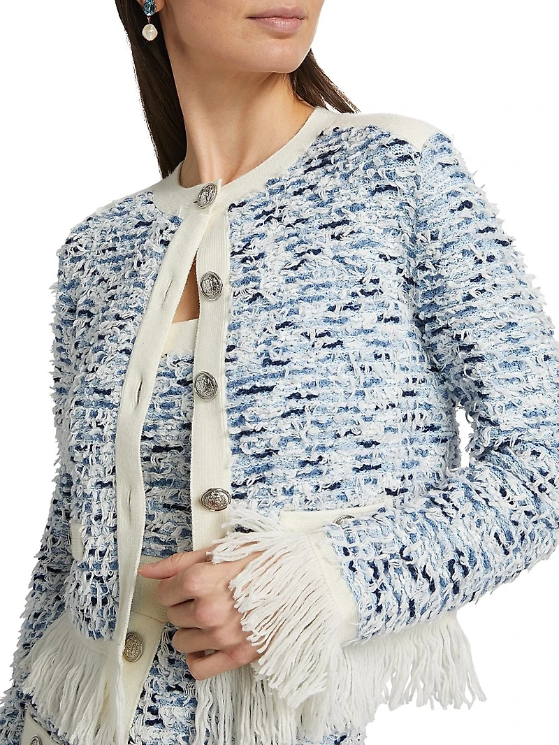 Fringe-Trimmed Tweed Cardigan Jacket