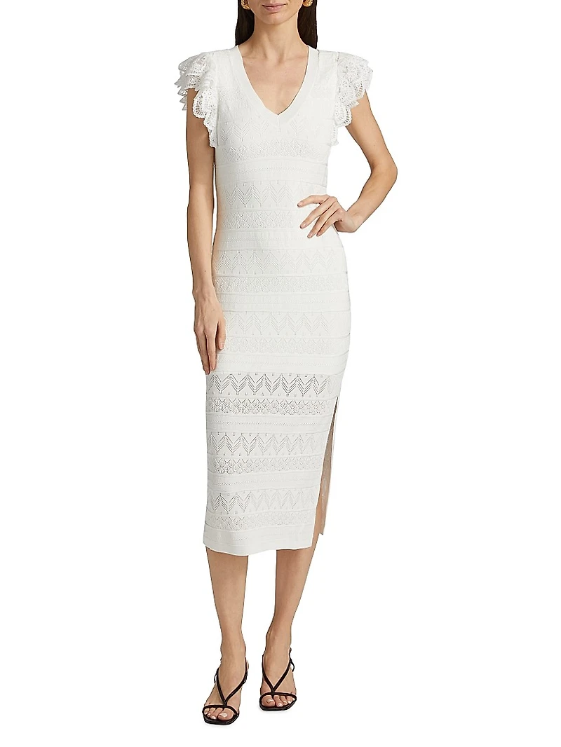 Knit Lace Flutter-Sleeve Body-Con Dress