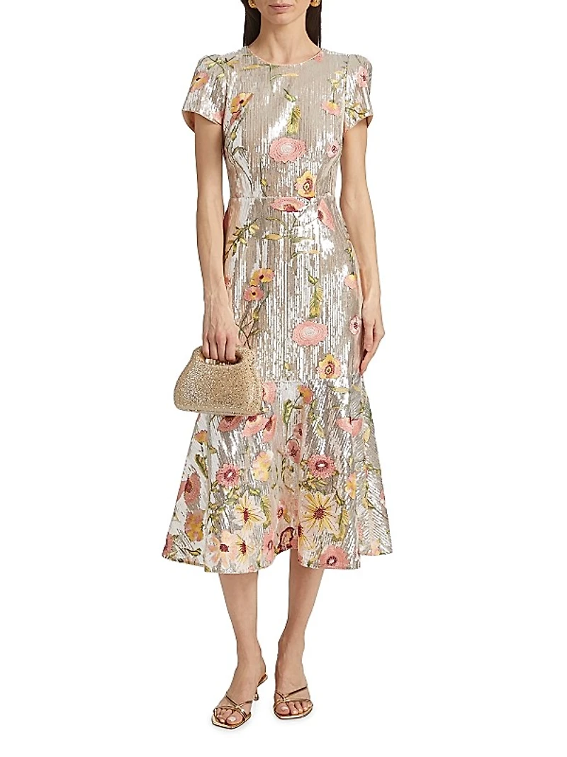 Tahlia Floral Sequined Flounce Cocktail Dress