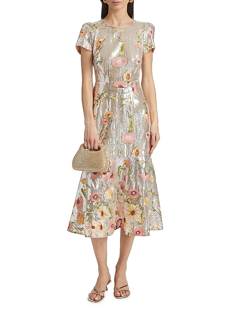 Tahlia Floral Sequined Flounce Cocktail Dress