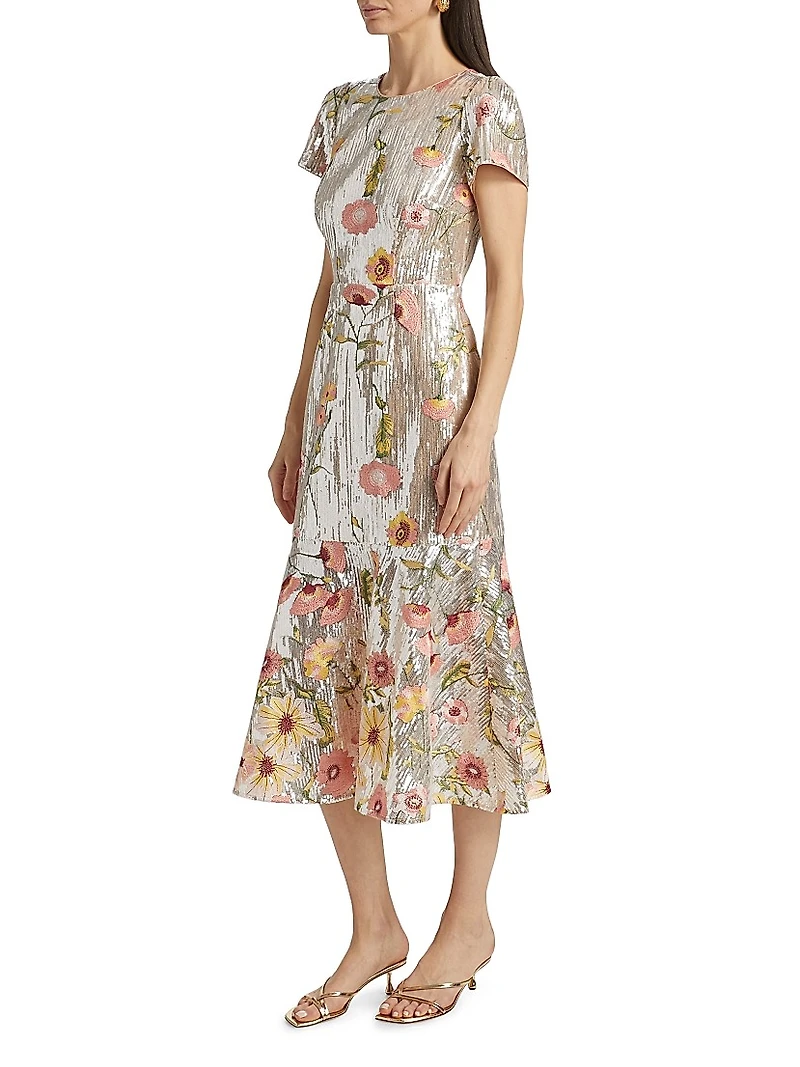 Tahlia Floral Sequined Flounce Cocktail Dress