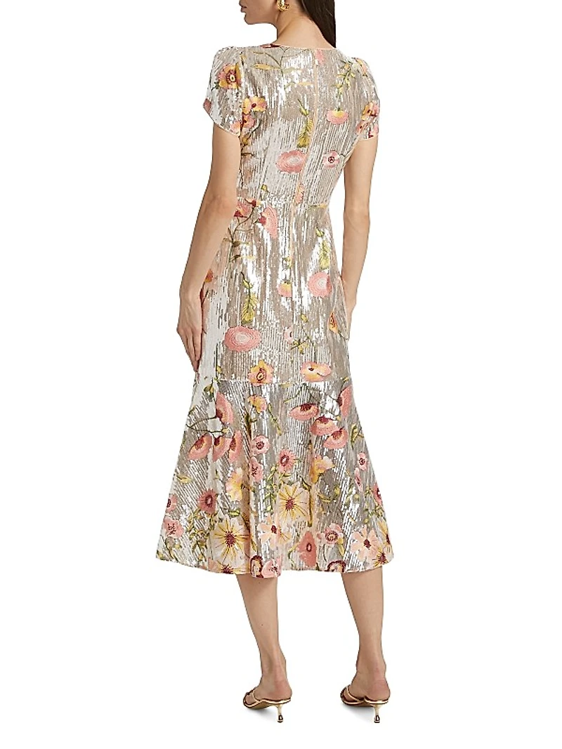 Tahlia Floral Sequined Flounce Cocktail Dress