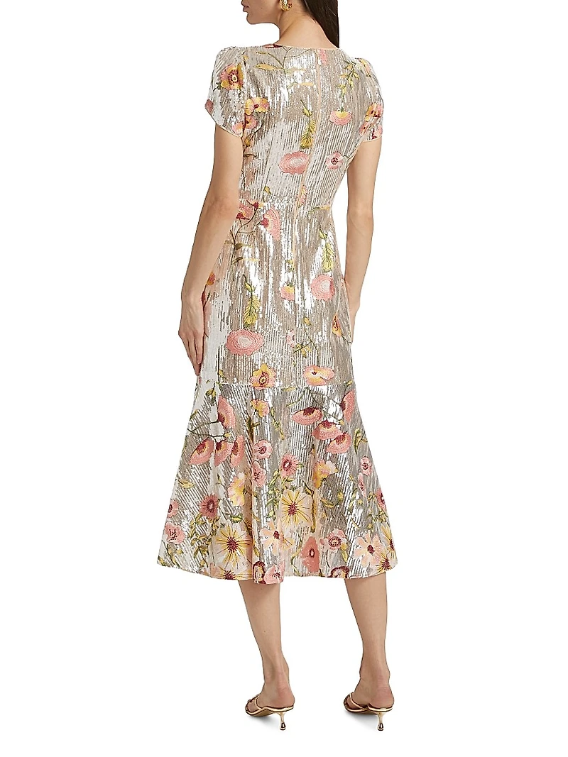 Tahlia Floral Sequined Flounce Cocktail Dress
