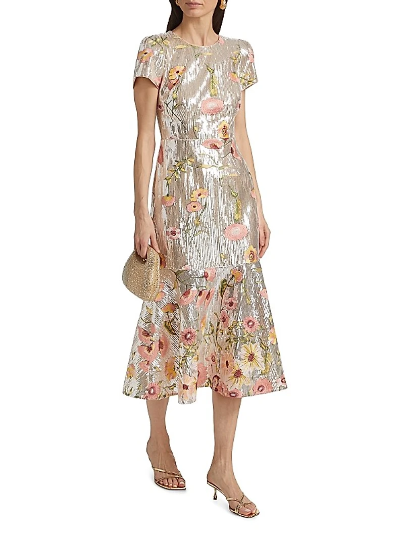 Tahlia Floral Sequined Flounce Cocktail Dress