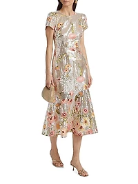 Tahlia Floral Sequined Flounce Cocktail Dress