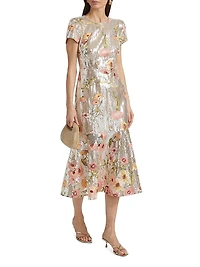 Tahlia Floral Sequined Flounce Cocktail Dress