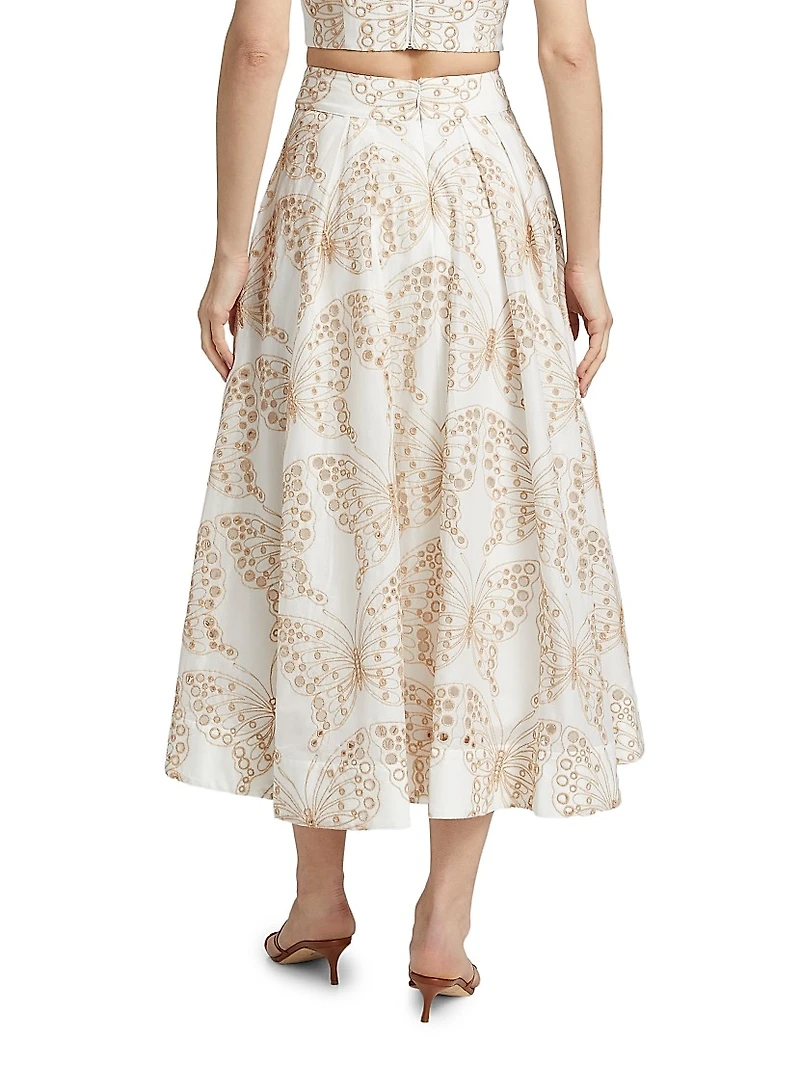 Butterfly Eyelet Cotton A-Line Midi-Skirt