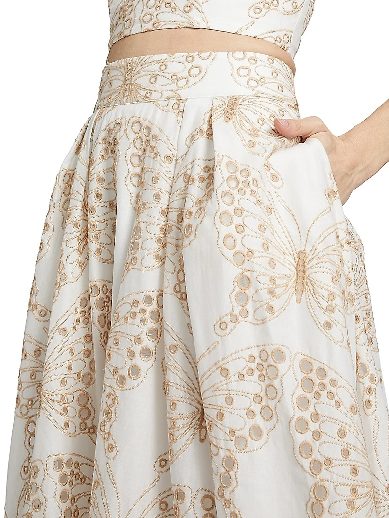 Butterfly Eyelet Cotton A-Line Midi-Skirt