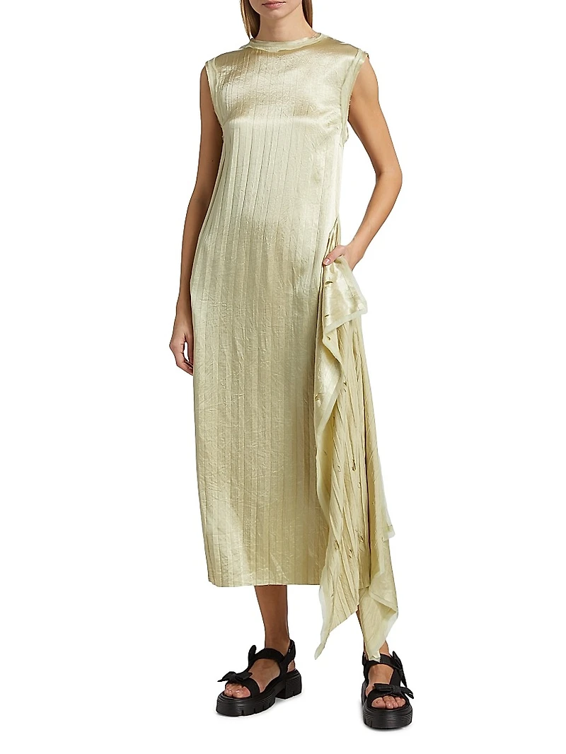 Crinkled Satin Laser-Cut Shift Dress