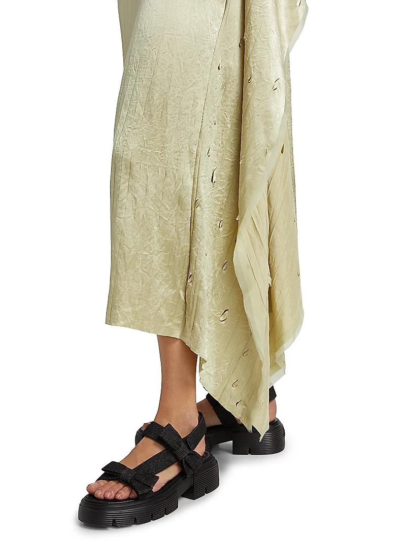 Crinkled Satin Laser-Cut Shift Dress