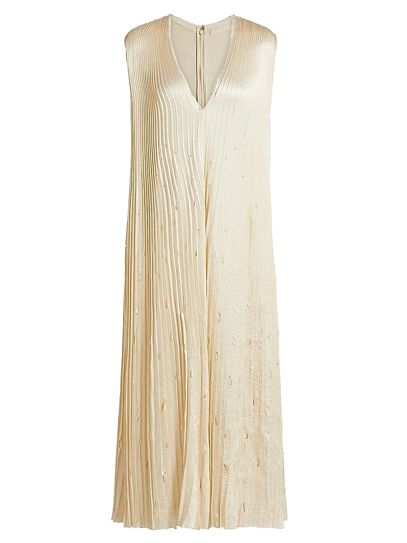 Satin Pleated Laser-Cut Trapeze Dress