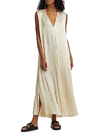 Satin Pleated Laser-Cut Trapeze Dress
