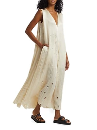 Satin Pleated Laser-Cut Trapeze Dress