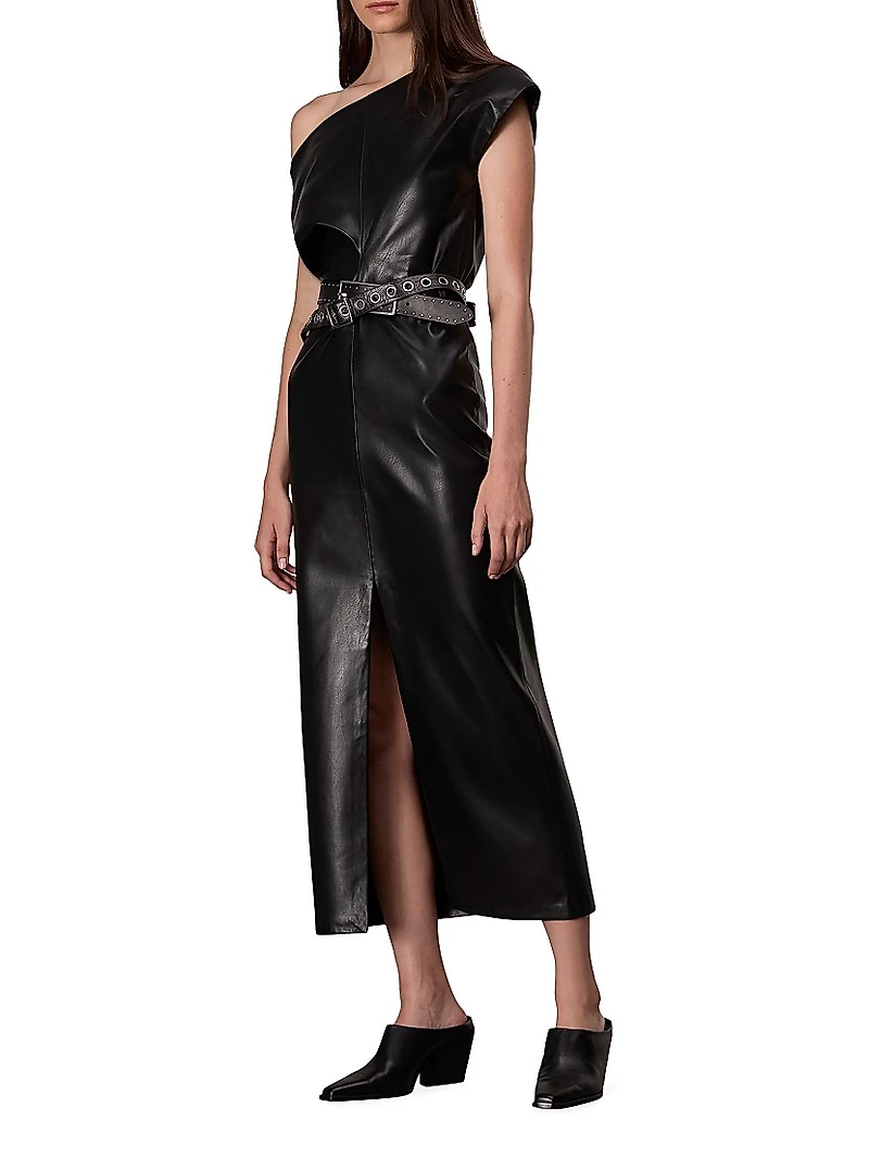 Eleanor One-Shoulder Vegan Leather Midi-Dress