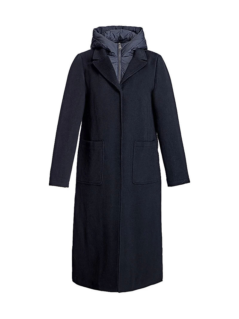 Long Wool Blend Hooded Puffer