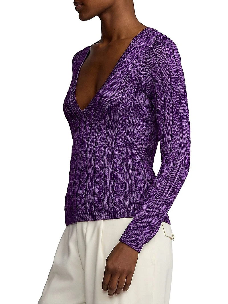 V-Neck Cable-Knit Silk Sweater