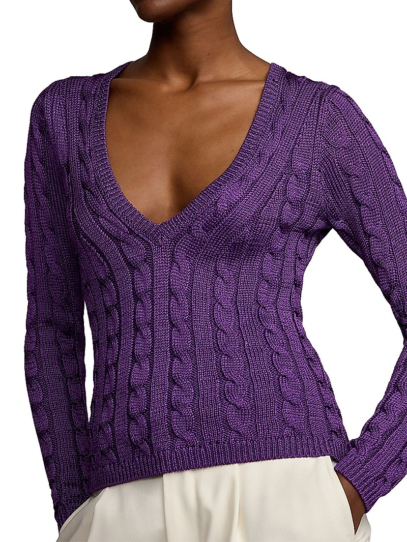 V-Neck Cable-Knit Silk Sweater