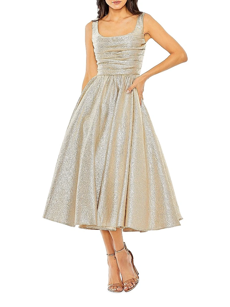 Metallic Gathered Fit-&-Flare Cocktail Dress