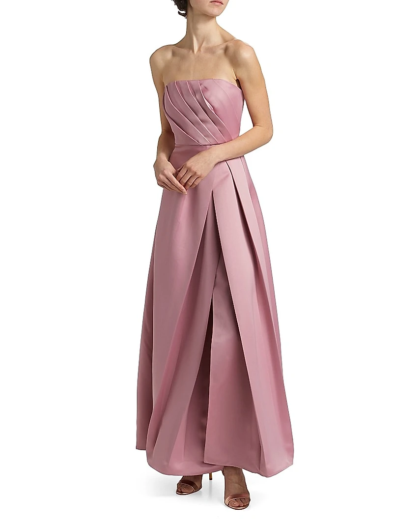 Rose Satin Pleated Strapless Gown