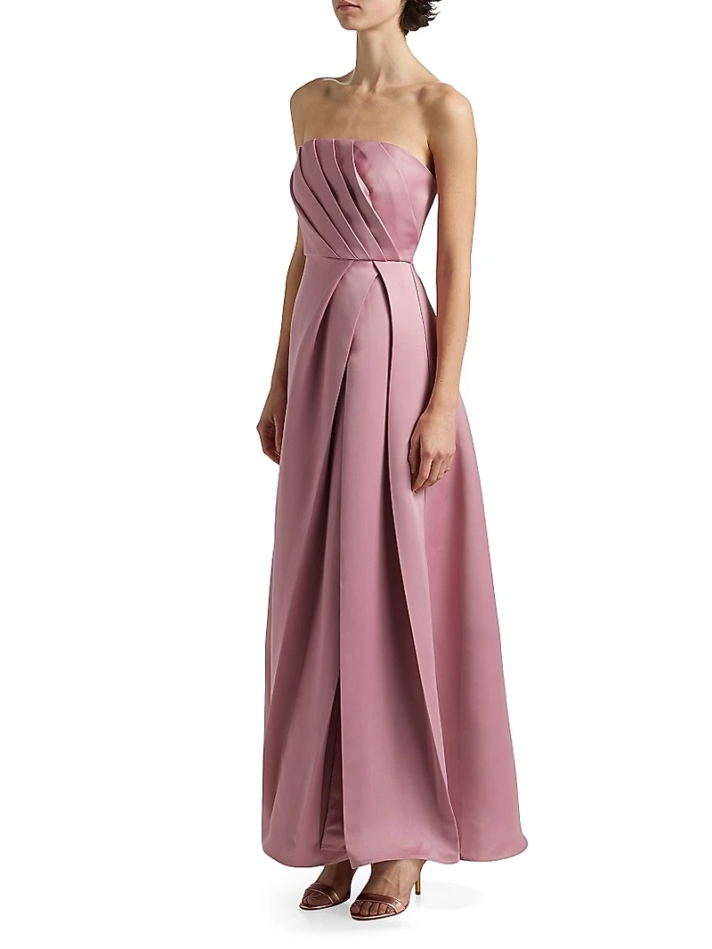 Rose Satin Pleated Strapless Gown