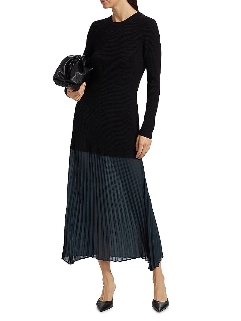 Jerry Mixed-Media Long-Sleeve Midi-Dress
