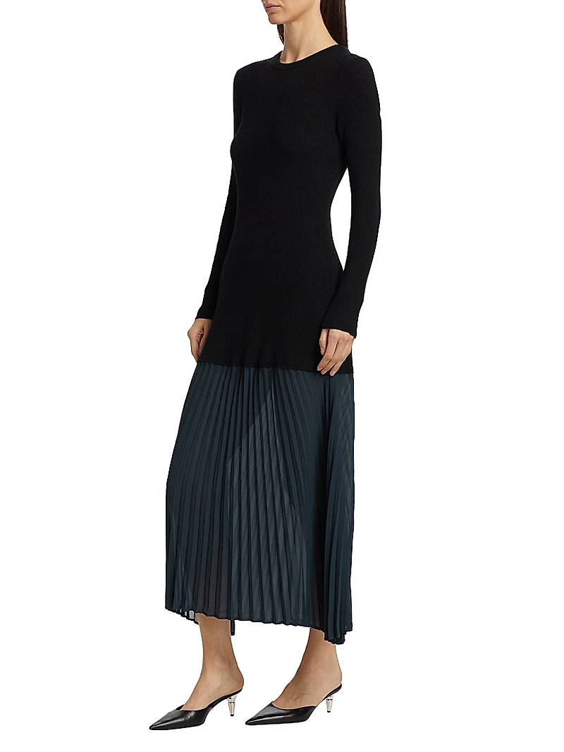 Jerry Mixed-Media Long-Sleeve Midi-Dress