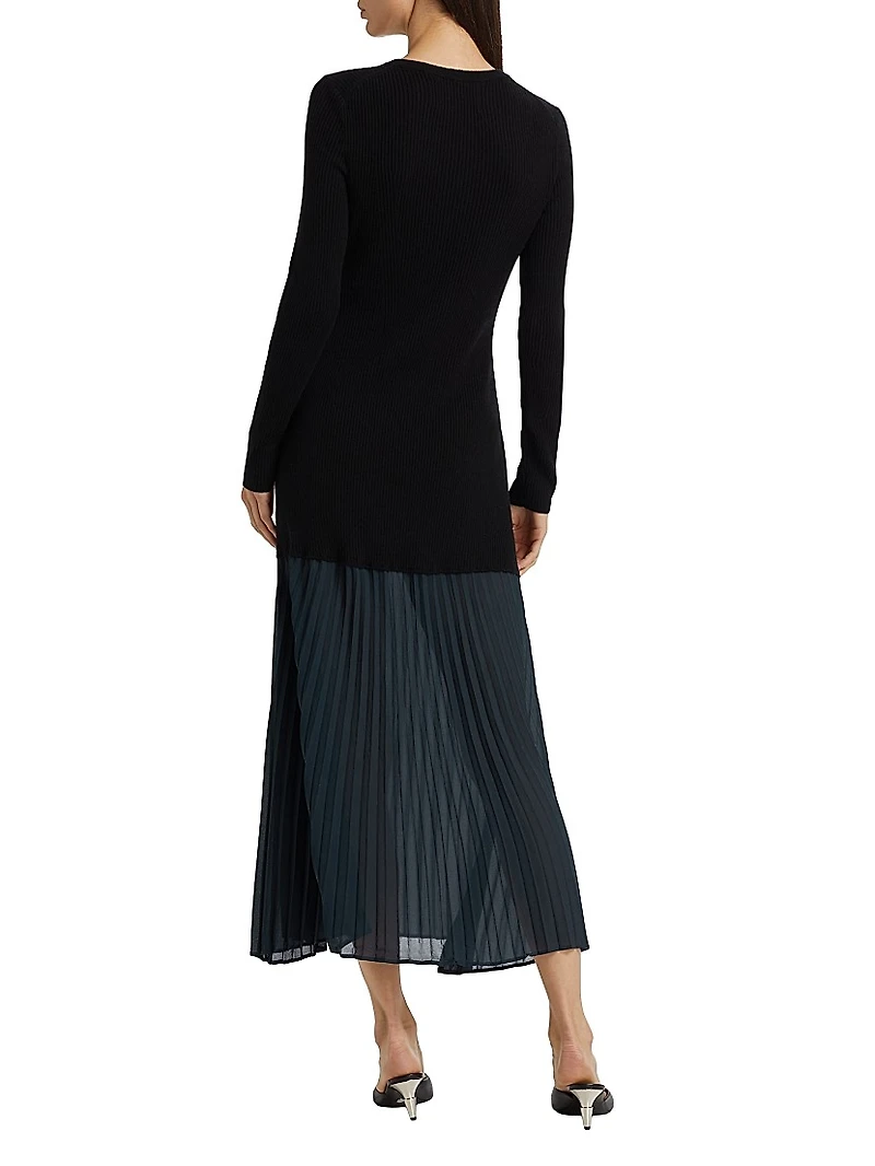 Jerry Mixed-Media Long-Sleeve Midi-Dress