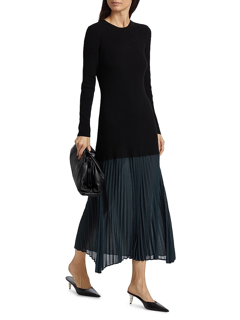 Jerry Mixed-Media Long-Sleeve Midi-Dress