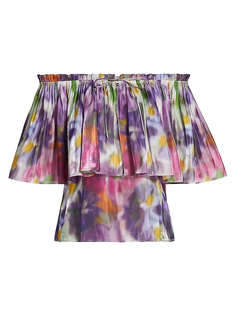 Vesey Floral Metallic-Satin Off-The-Shoulder Blouse