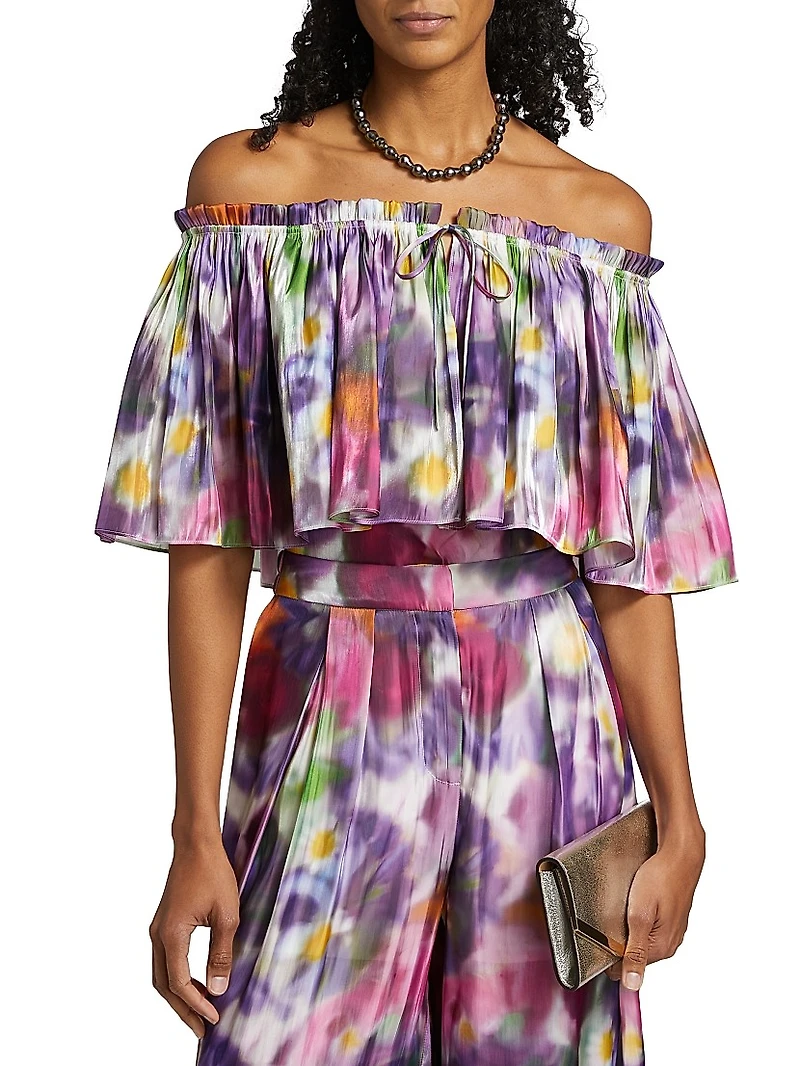 Vesey Floral Metallic-Satin Off-The-Shoulder Blouse