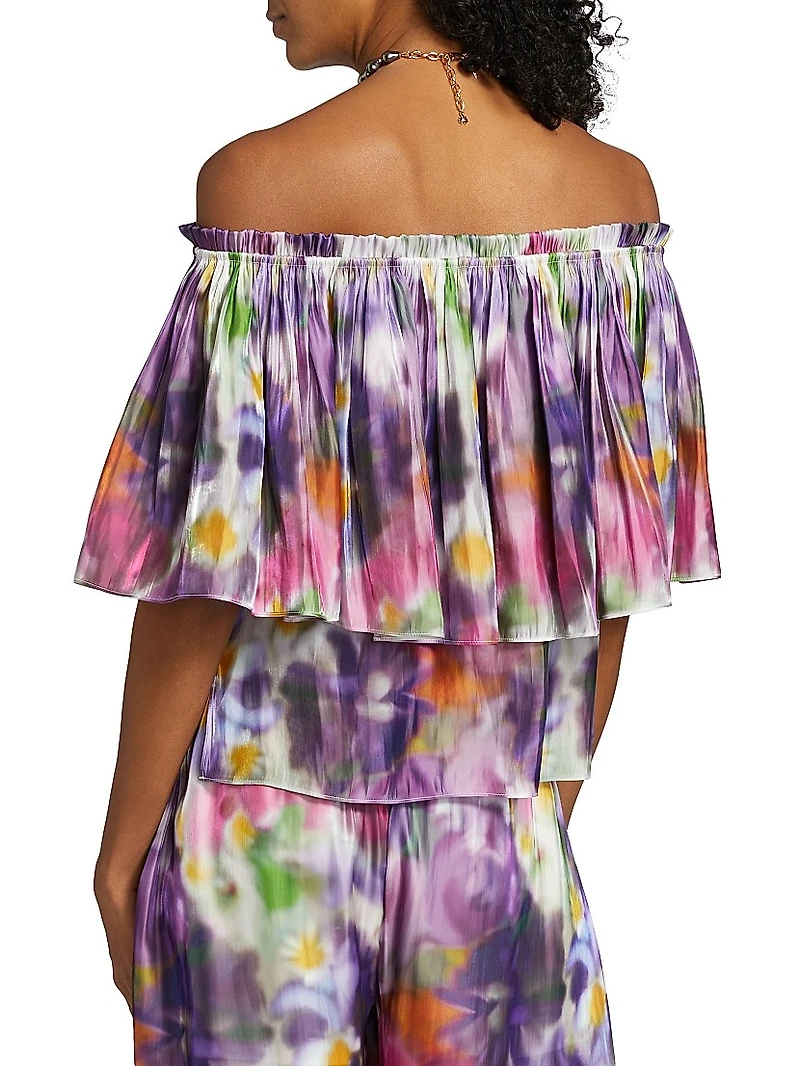 Vesey Floral Metallic-Satin Off-The-Shoulder Blouse