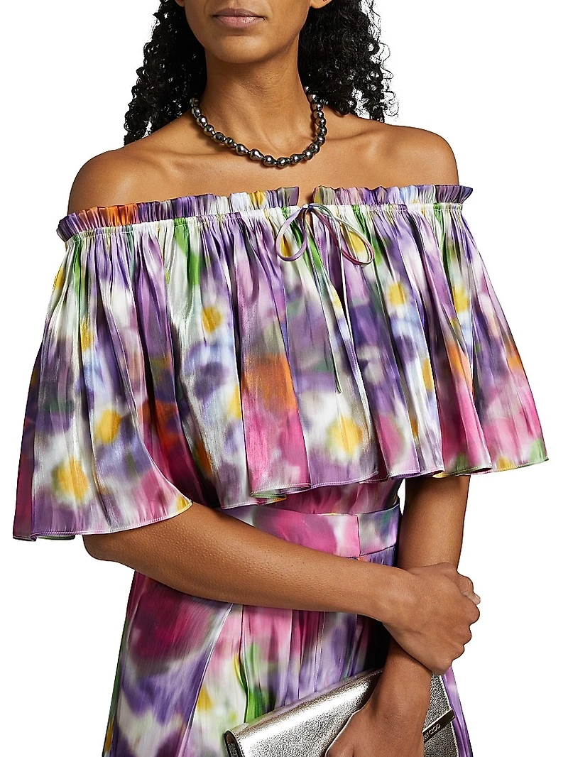 Vesey Floral Metallic-Satin Off-The-Shoulder Blouse