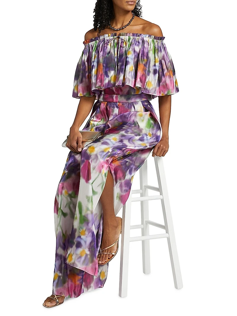 Vesey Floral Metallic-Satin Off-The-Shoulder Blouse