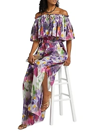 Vesey Floral Metallic-Satin Off-The-Shoulder Blouse