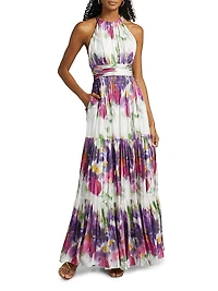 Nava Floral Metallic-Satin Halterneck Maxi Dress