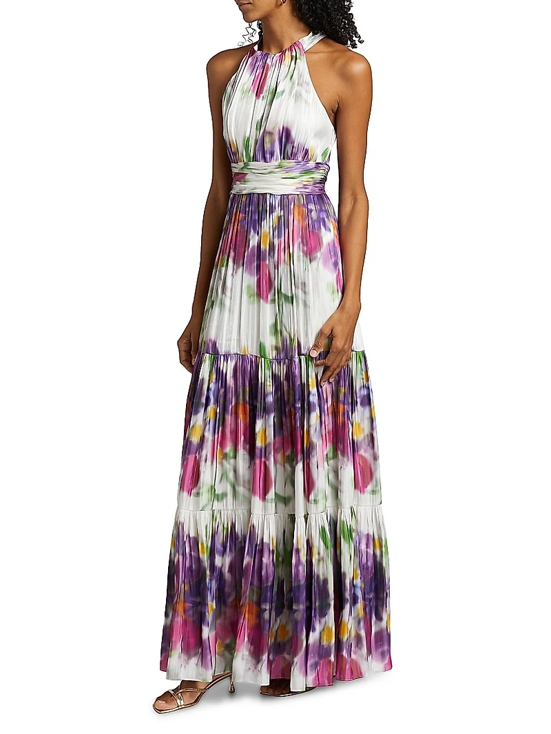 Nava Floral Metallic-Satin Halterneck Maxi Dress