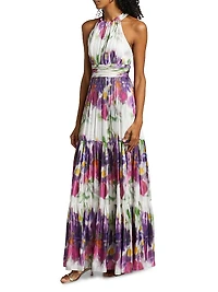 Nava Floral Metallic-Satin Halterneck Maxi Dress