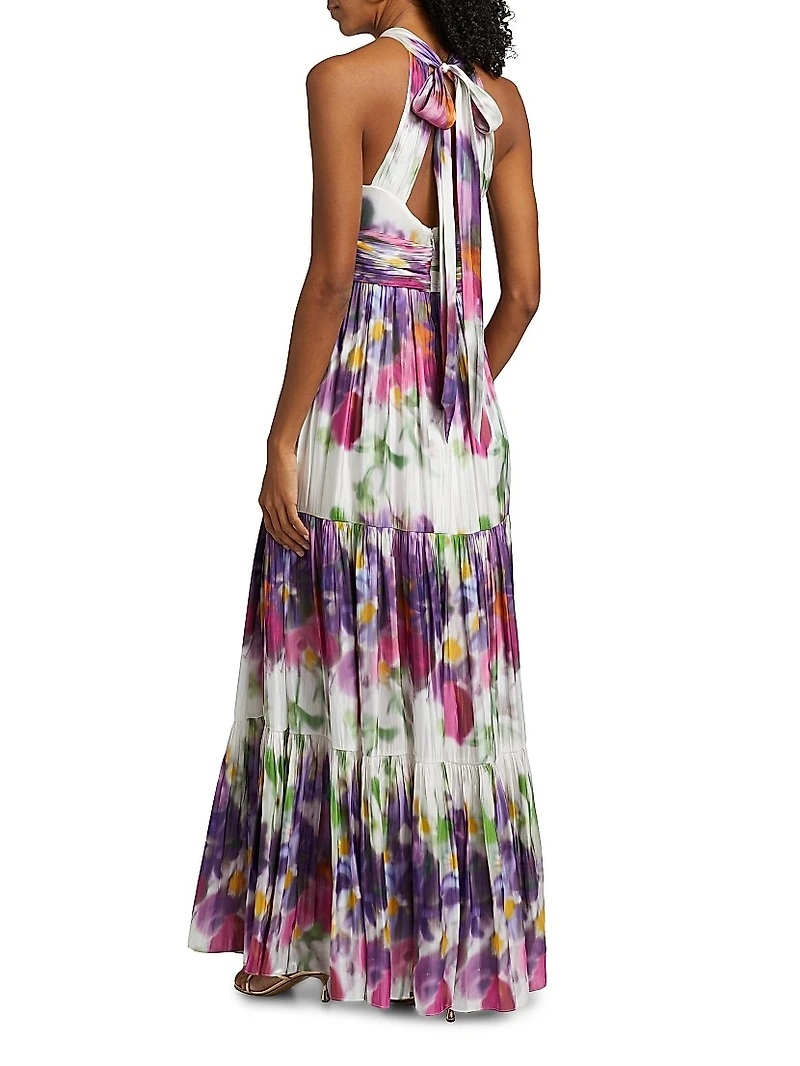 Nava Floral Metallic-Satin Halterneck Maxi Dress