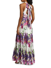 Nava Floral Metallic-Satin Halterneck Maxi Dress