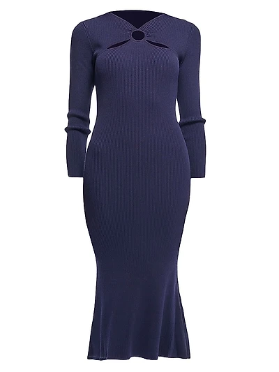 Aston Rib-Knit Cut-Out Crewneck Midi-Dress