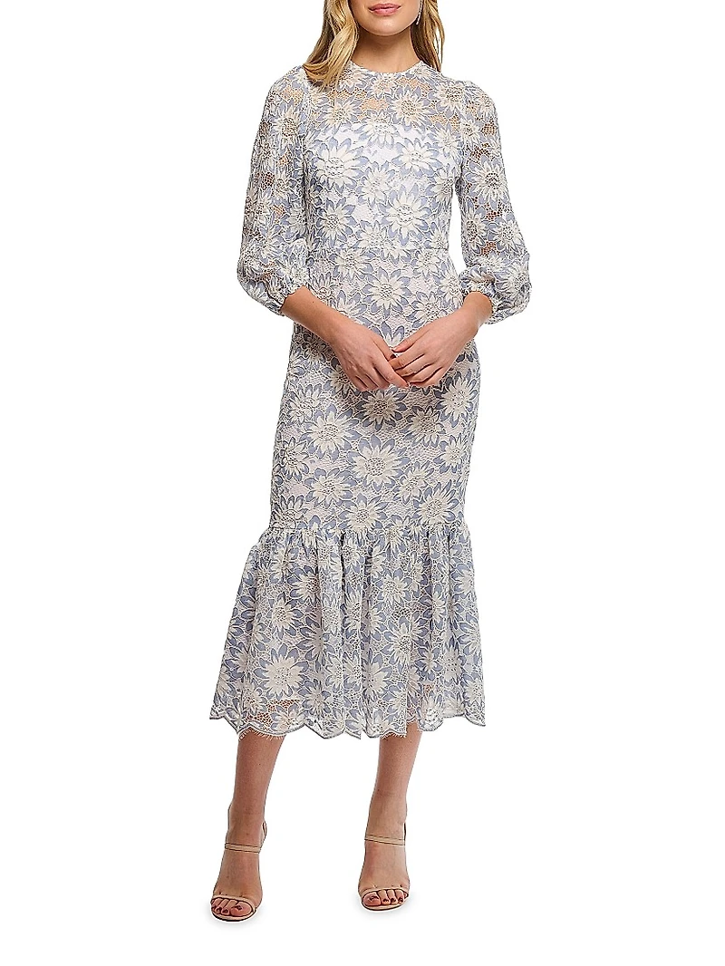 Adaya Lace Puff-Sleeve Scallop-Hem Midi-Dress
