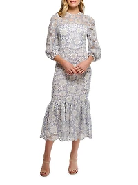 Adaya Lace Puff-Sleeve Scallop-Hem Midi-Dress