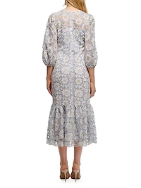 Adaya Lace Puff-Sleeve Scallop-Hem Midi-Dress
