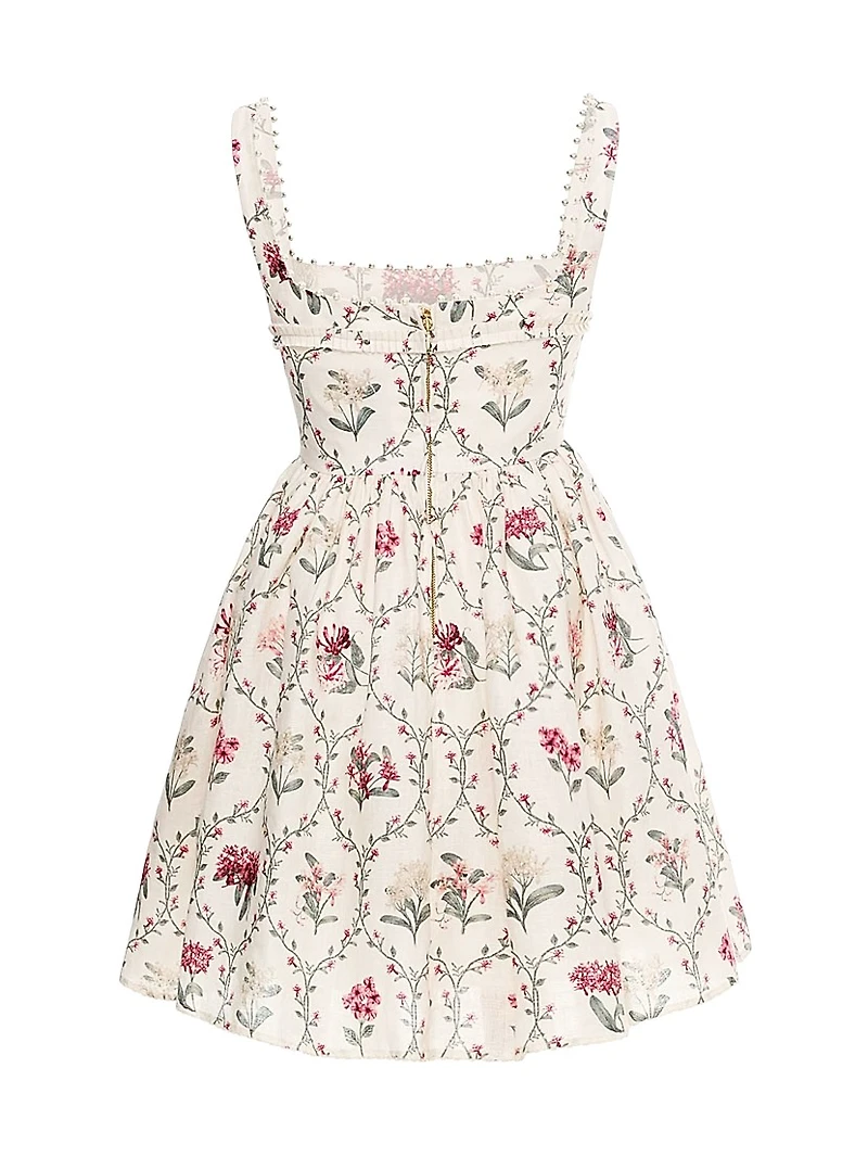 Barbara Orquidea Embellished Linen Minidress