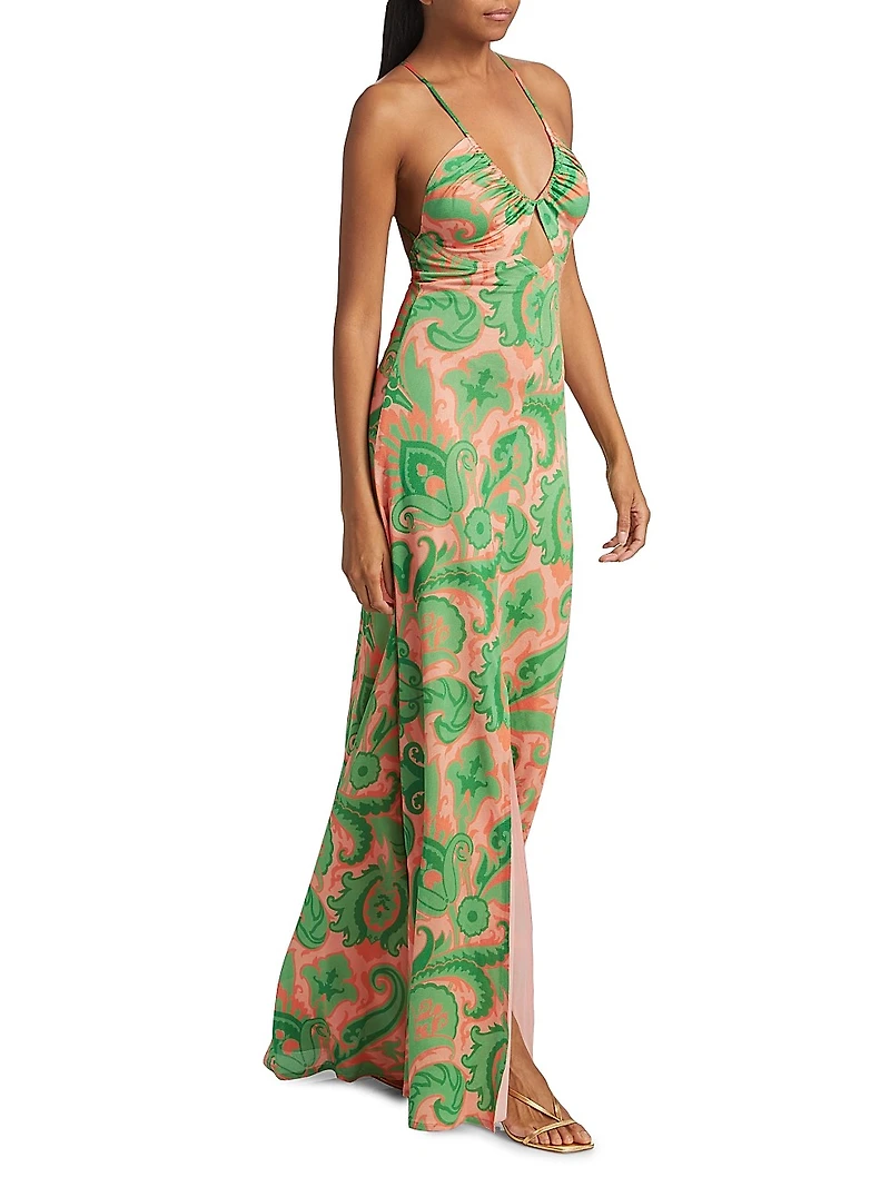 Printed Jersey Keyhole Halter Maxi Dress