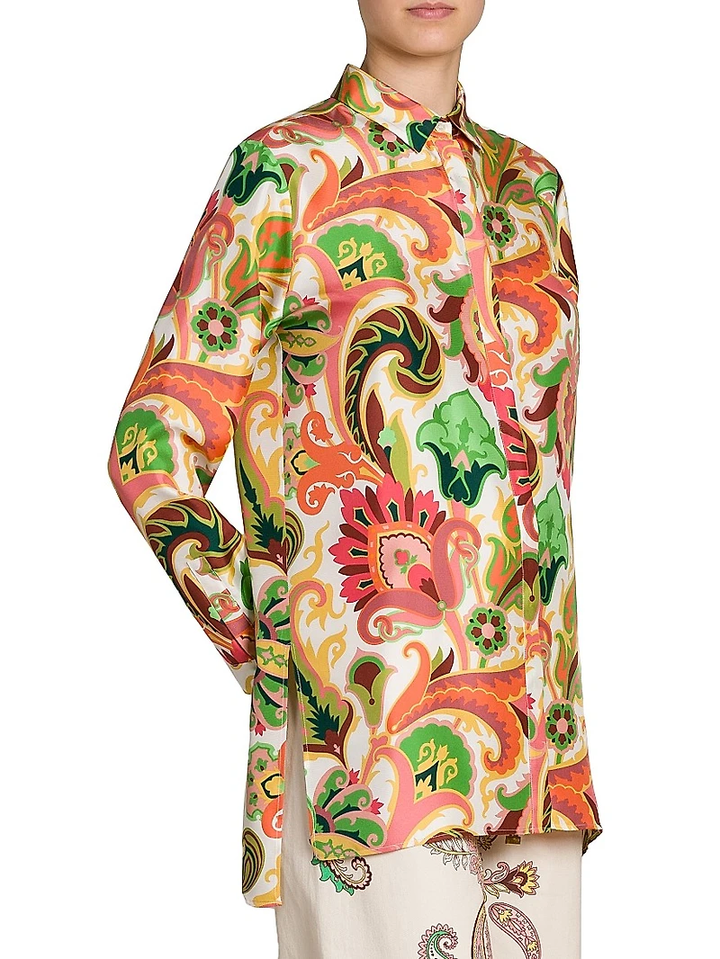Summer Print Silk Tunic Shirt