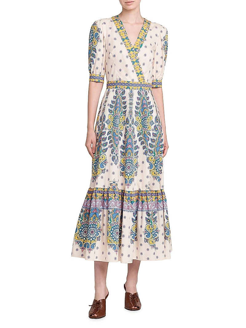Medallion Cotton V-Neck Midi-Dress