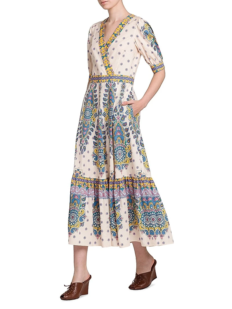 Medallion Cotton V-Neck Midi-Dress