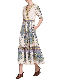 Medallion Cotton V-Neck Midi-Dress